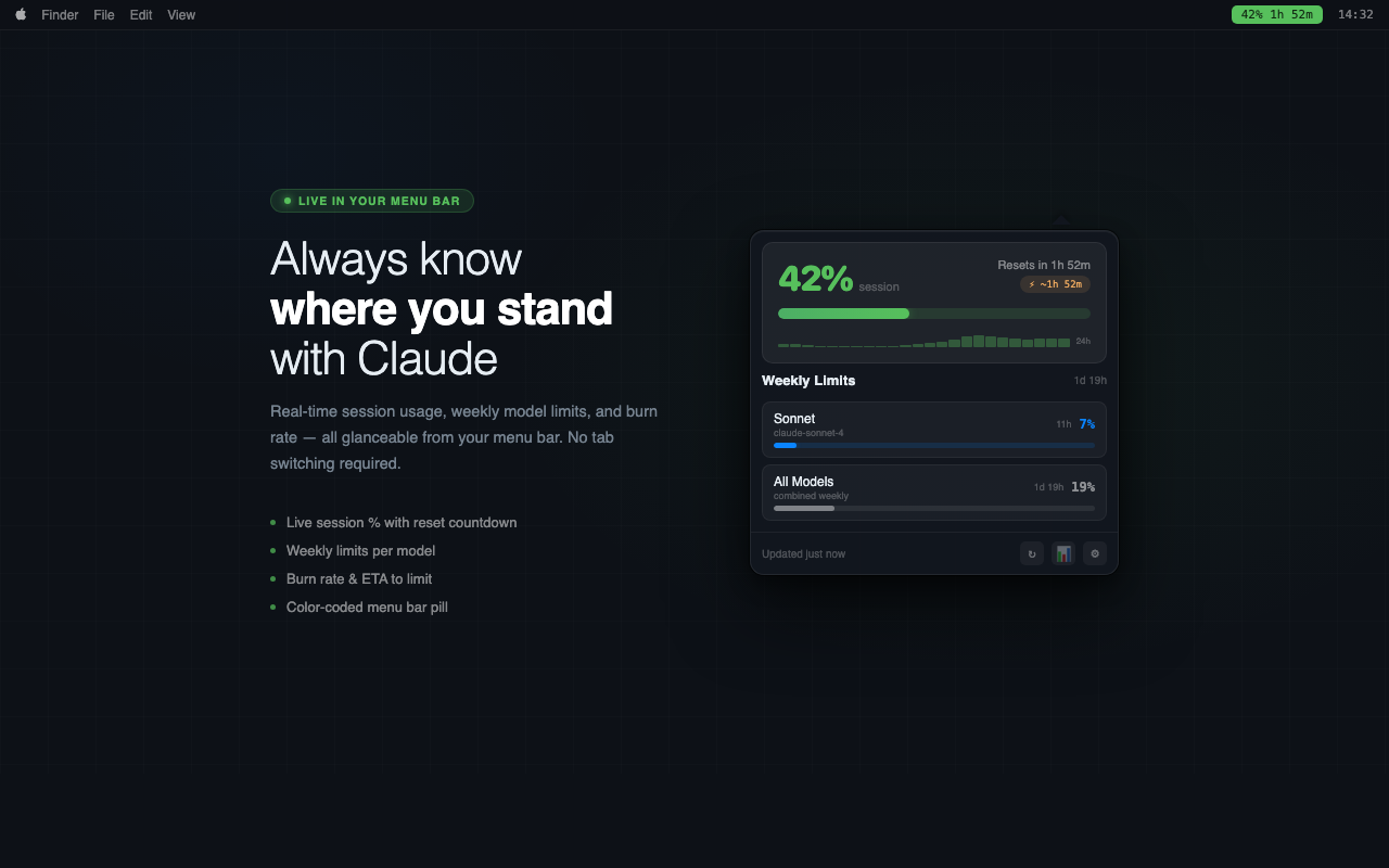 TokenWatch main dashboard · session gauge and weekly limits