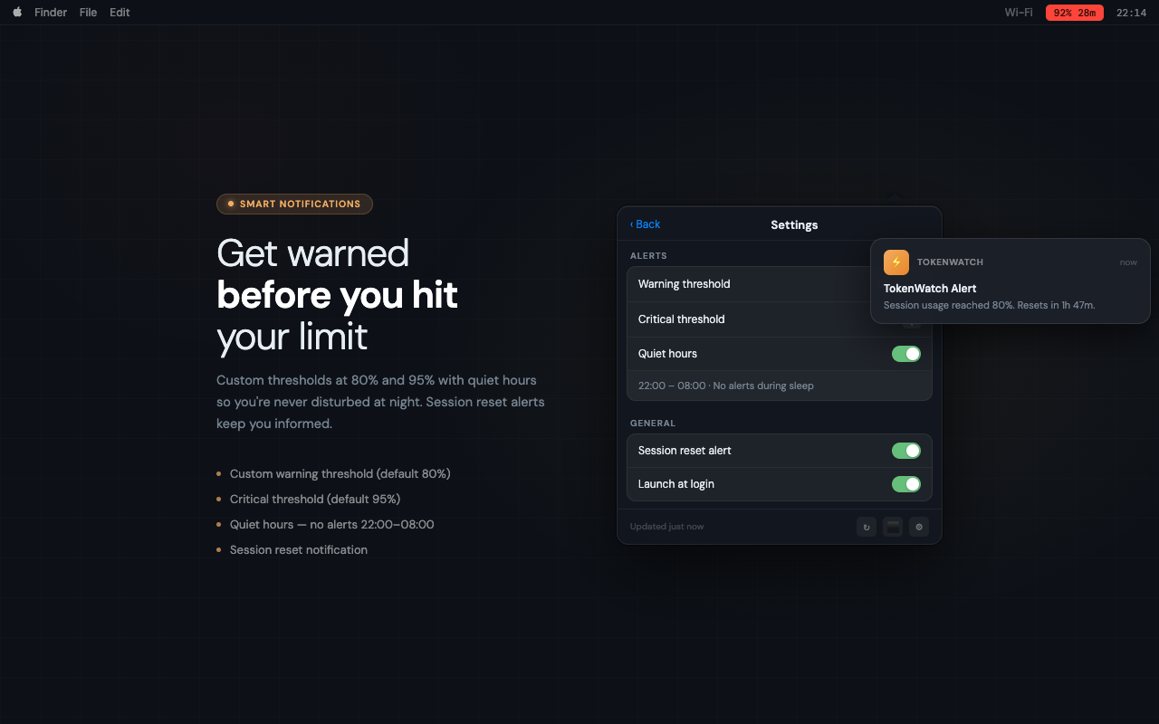 TokenWatch smart alerts · customizable thresholds and quiet hours