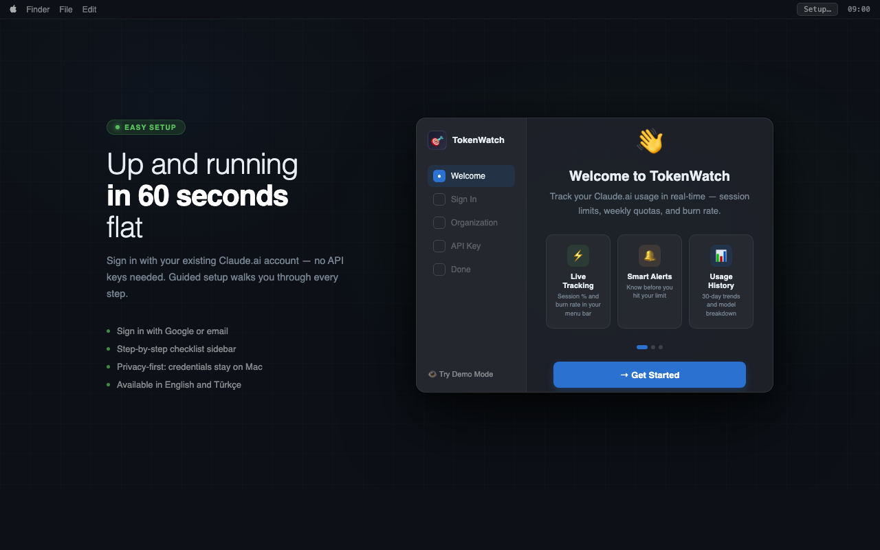 TokenWatch easy setup · sign in with Google OAuth