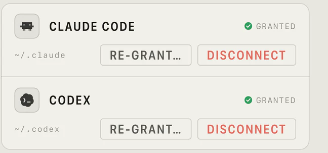 TokenWatch settings, data access: Claude Code granted at tilde slash dot claude, Codex granted at tilde slash dot codex, each with re-grant and disconnect buttons.