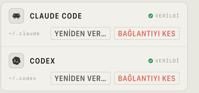 TokenWatch ayarları, veri erişimi: Claude Code ~/.claude altında verildi, Codex ~/.codex altında verildi, her biri yeniden ver ve bağlantıyı kes düğmeleriyle.
